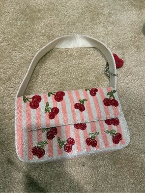 Beaded Cherry Stripe Shoulder Bag in White and Pink